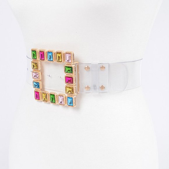 BNWT Plus Size Crystal Square Buckle Cleared Transparent Fashion Belt - Picture 2 of 5